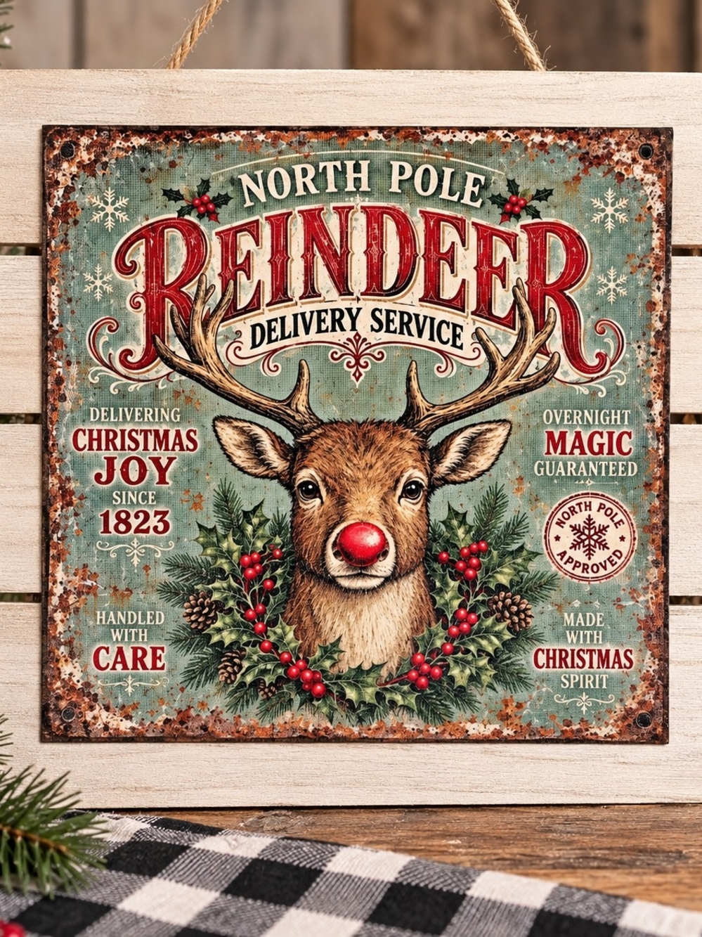 Hand Crafted Reindeer Delivery Service Sign - Red, Green, Cream